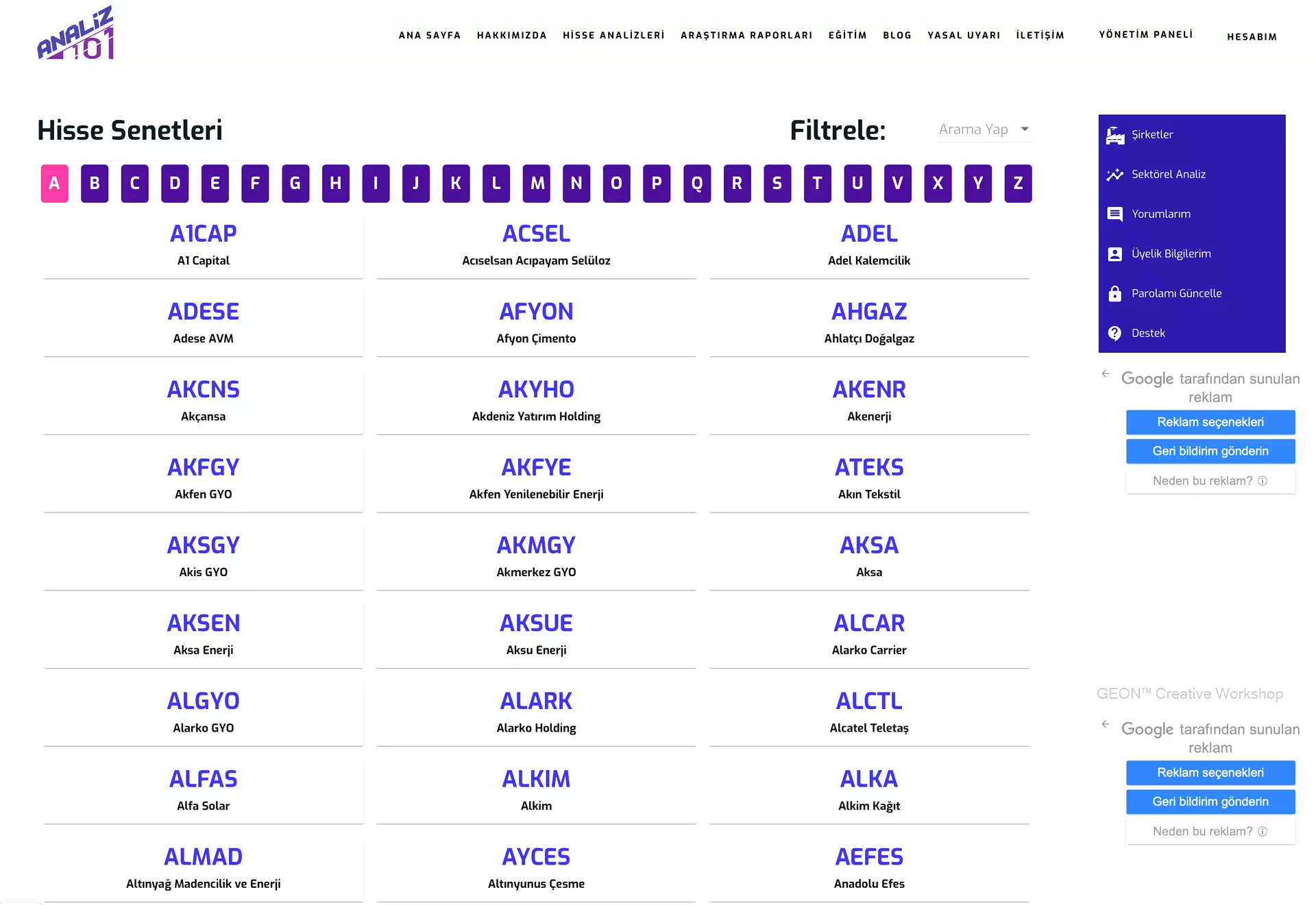 Bursa Web Tasarım firması Geon Creative, Analiz 101 web sitesi kurmak 